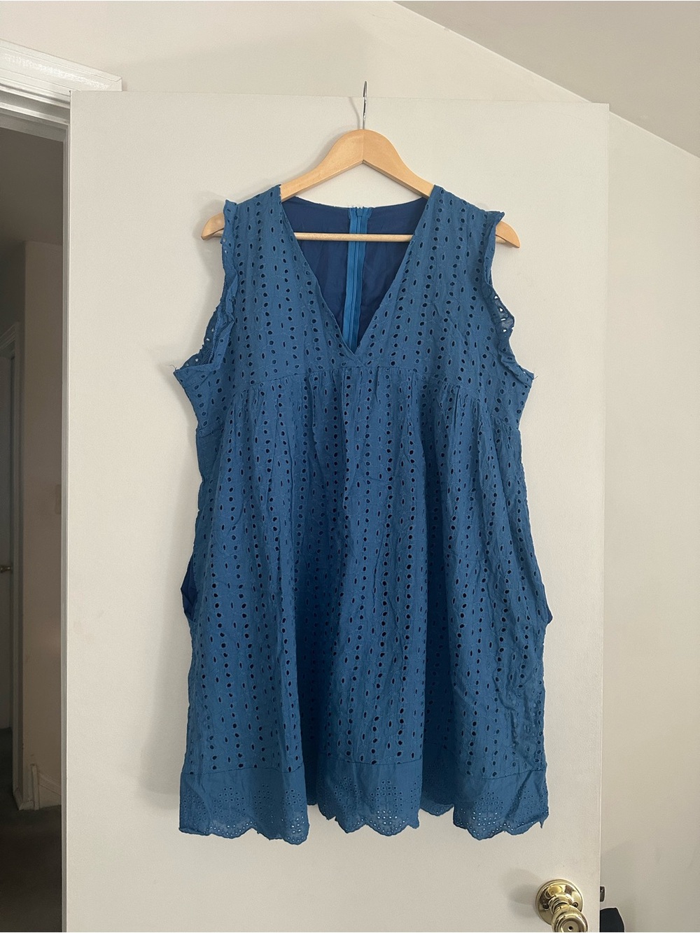 Blue Eyelet Romper Dress with V-Neck